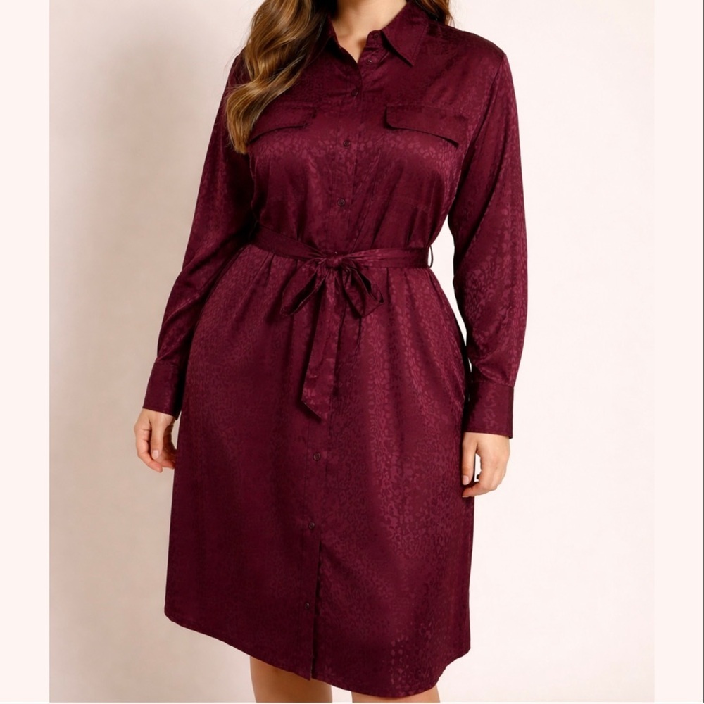 NWT Ophelia Roe Burgundy Red Leopard Print Button-Up Shirt Dress Size Large